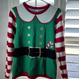 Festive Elf Ugly Sweater with Candy Cane Design